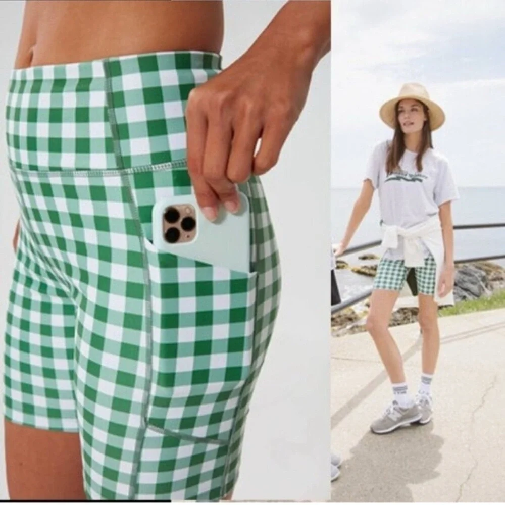Tuckernuck Trellis Gingham Biker Shorts S NWT Green White 6” High Waist Pockets